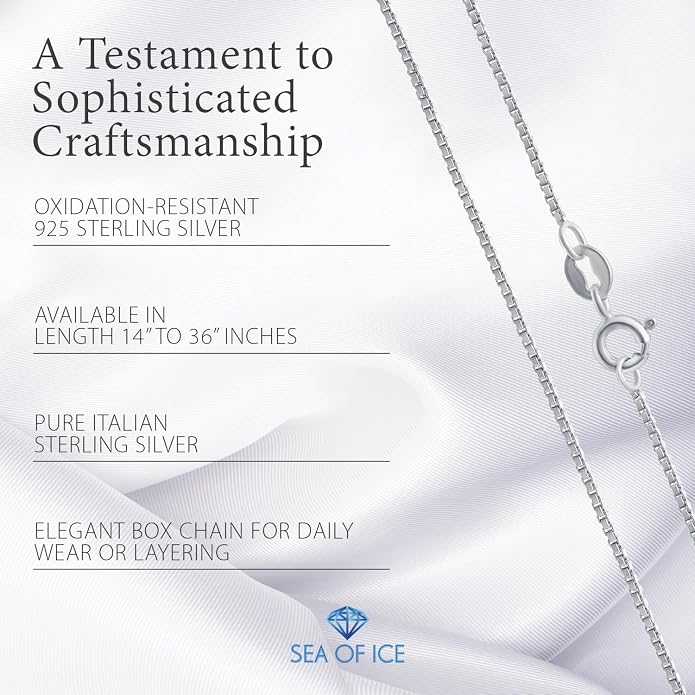 SEA OF ICE Chain Necklace 925 Sterling Silver with Ring Clasp Closure, Italian Box Necklace Chain Necklace for Women & Men, Available in Gold, Rose Gold, Silver, and Black Rhodium, Multisize