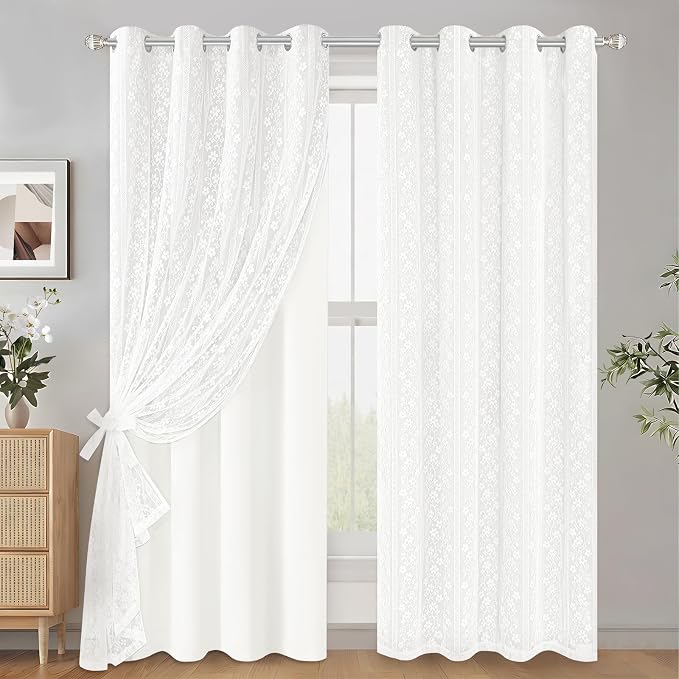 ASPMIZ White Blackout Curtains for Bedroom 63 inch Long, Double Layer Curtains with Lace Overlay, Light Blocking Grommet Drapes for Living Room Thermal Insulated Window Curtain Panels Set of 2, 52x63
