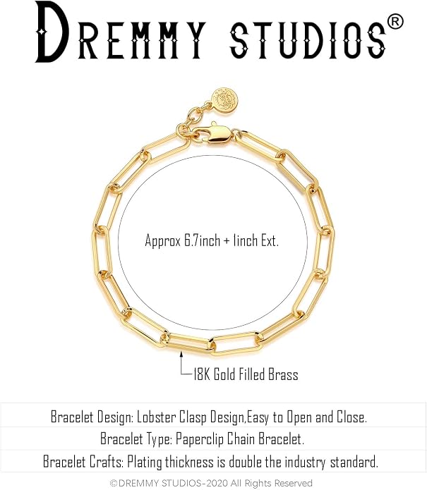 Dremmy Studios Gold Bracelet for Women 18K Gold Plated Dainty Paperclip Cubic Zirconia Disc Coin Star Cable Satellite Bead Pearl Simple Boho Minimalist Stacking Layered Link Jewelry Gift