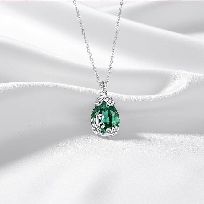 POPLYKE Sterling Silver Gemstone Teardrop Pendant Necklace Crystal Jewelry for Women
