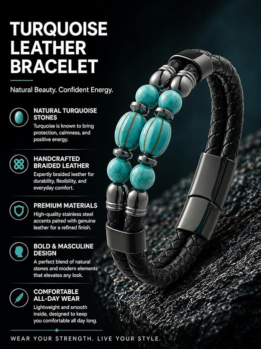 Black Braided Leather Bracelet for Men with Turquoise, Lapis Lazuli, Tiger Eye, Obsidian Stone Double-Row Wristband Beads with Stainless Steel Clasp Fashion Jewelry Gift for Him