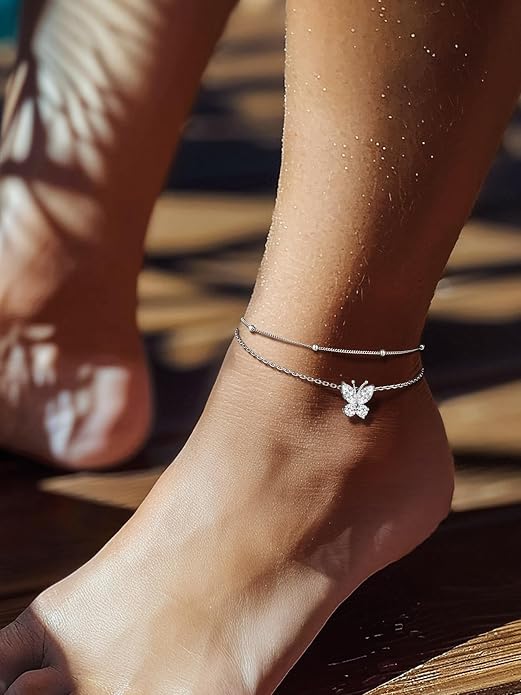 Richsteel Double Layer Heart/Butterfly Birthstone Anklet for Women Non Tarnish Waterproof, Silver/Gold/Black Stainless Steel 8.5-10.5 Inch Adjustable Chain Anklets Jewelry Gifts for Her