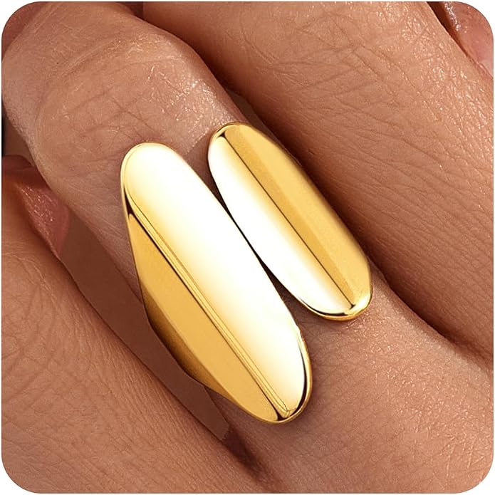 Gelbesty Waterproof Gold Statement Rings for Women, 14K Gold Plated Chunky Open Stackable Rings Non Tarnish Fashion Adjustable Stainless Steel Pinky Knuckle Signet Vintage Ring Jewelry Size 5-11