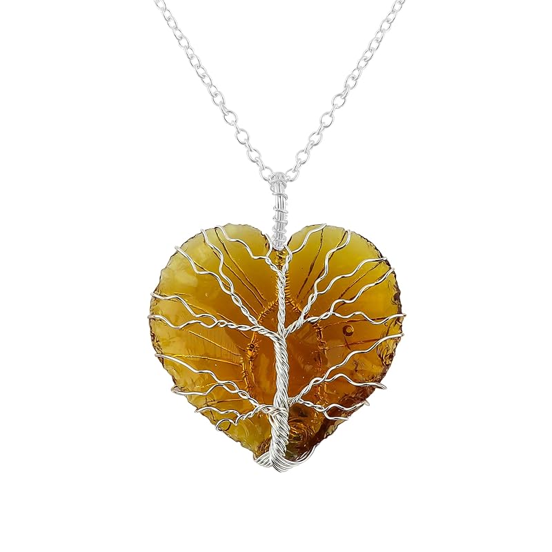 (3pcs) (Tree of Life Craft) Raw Yellow Sea Glass Rough Crystals Pendant Necklace, Heart & Star & Arrow Shapes, Wire Wrapping, Women Jewelry with Dainty Silver Plated Chain 18 inch