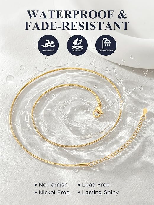 U7 Snake Necklace for Women 14K Gold Plated/Silver/Rose Gold/Black Chain Necklace Hypoallergenic, Stainless Steel Tiny Snake Chain Necklace 1/1.2/1.5/2MM, 14-30" Adjustable Minimalist Gift