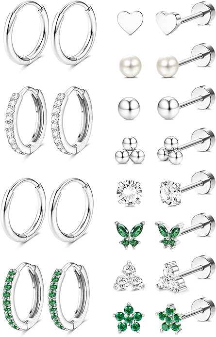 Jstyle Hypoallergenic 14K Gold Plated Stud Hoop Earrings for Women Men Surgical Stainless Steel Flat Back Earrings Small Huggie Hoops Cartilage Earring Set for Multiple Piercing Jewelry Gift for Women