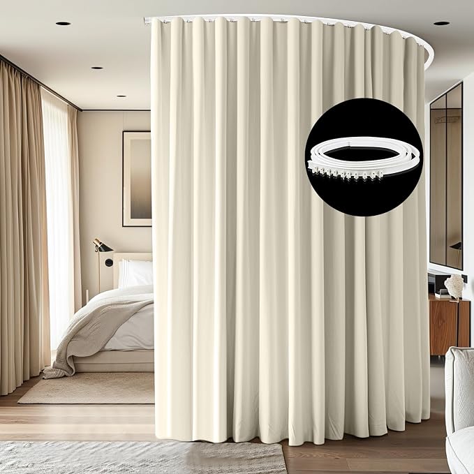 Room Divider Ceiling Mounted Curtains Track Sets Extra Wide Blackout Curtain Flexible Tracks for Bedroom Privacy Partition Separator, 1 Panel Beige Drape and White Rail, W12.5 x H8ft