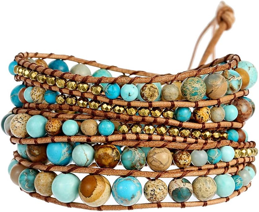 Plumiss Women Boho Handmade Natural Stone Crystal Leather Bead Wrap Bracelets Collection