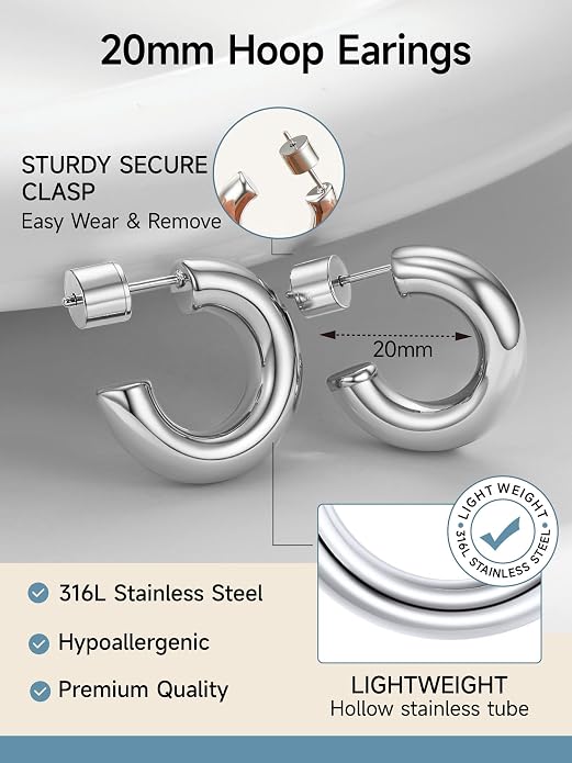 Stainless Steel Chunky Hoop Earrings For Women, Minimalist and Chic, Black/Gold Plated, Round Hoops Earrings Hypoallergenic, Size: 30mm/40mm/60mm/80mm, Come with Box