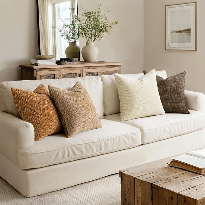 MIULEE Pack of 4 Brown Couch Throw Pillow Covers 16x16 Inch Soft Decorative Chenille Pillows Farmhouse Accent Cushions for Boho Fall Home Decor Sofa Bedroom Living Room