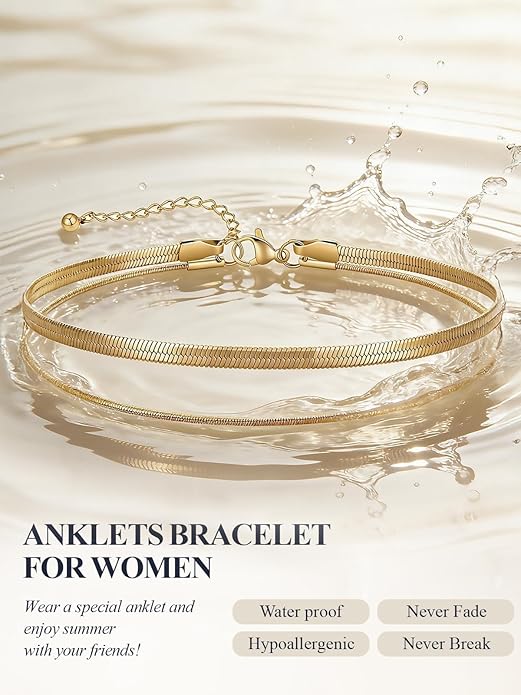 U7 Silver/Gold Ankle Bracelets for Women Layered Chain Anklets Stainless Steel Waterproof Summer Beach Anklet Cham, Adjustable 8.5"-10.5"