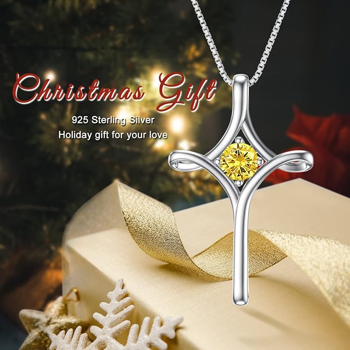 TOUPOP Cross Necklace for Women 925 Sterling Silver Birthstone Cross Pendant Fine Jewelry Anniversary Birthday Mothers Day Gifts for Mom Wife Her