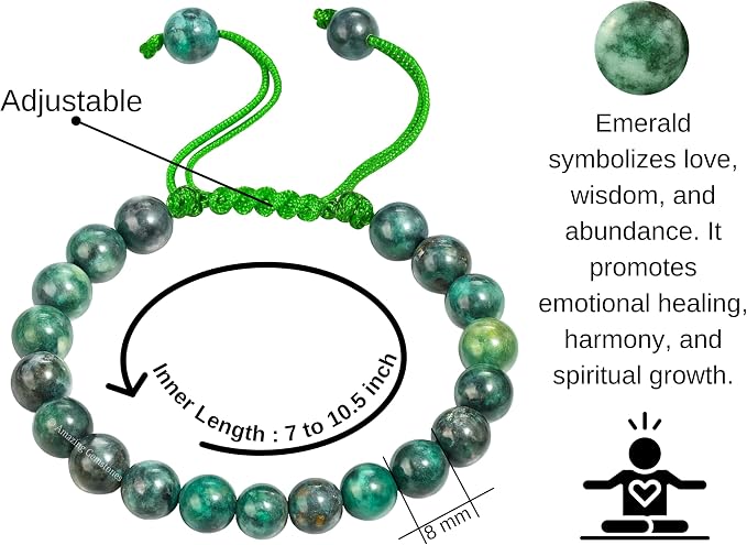 Amazing Gemstone Emerald Bracelet for Women Men's Gifts - Protection Healing Crystal Bracelet - 8mm Gemstone Beaded Adjustable Bracelet Pulseras Para Hombres Mujer Stocking Stuffers