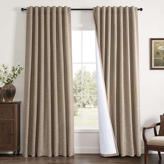 Topfinel 84 Inch Length 100% Blackout Viral Curtains with Back Tab Rod Pocket, Taupe Linen Textured Thermal Insulated Blackout Curtains Aesthetic Door & Window, Light Burlywood 52" W*84" L