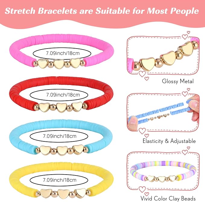 96 Pcs Colorful Friendship Heart Bracelets, Cute Clay Beads Bracelet Bulk Colorful Heart Friendship Surfer Bracelets for Women Stackable Bohemian Summer Beach Party, Valentine's Day, Birthday Gifts