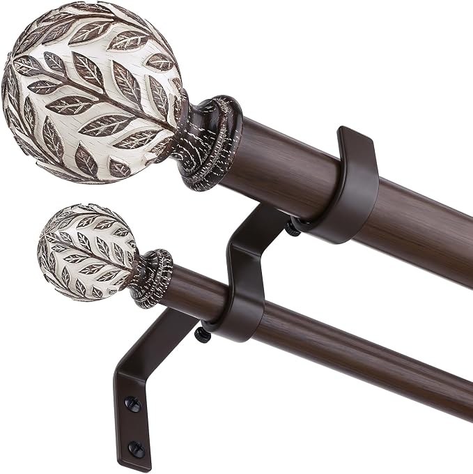 Boho Decorative Double Curtain Rod, 36-76 Inch, Walnut Wood | Handmade Wood Grain Leaf Finials, Heavy Duty Adjustable Rustic Metal Dual Layer Curtain Rods, 40 lb Capacity, Easy to Install