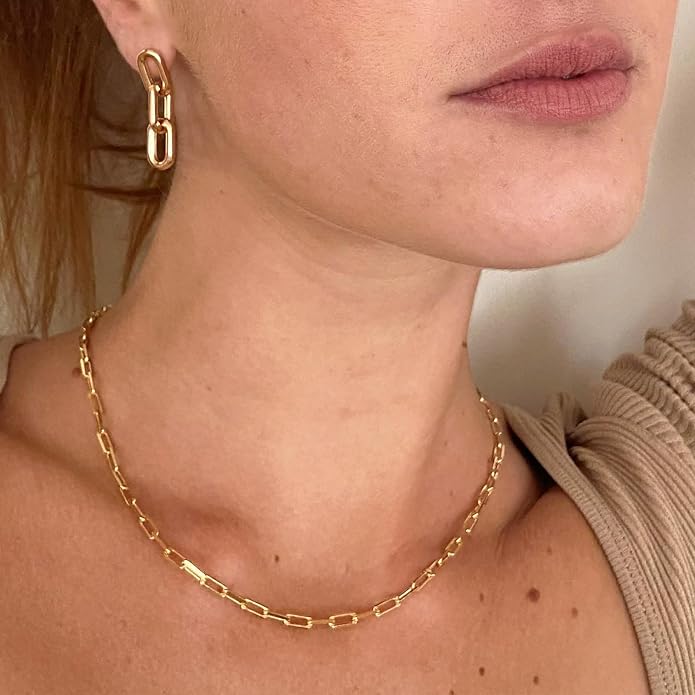 NOKMIT 14K Gold Filled Paperclip Necklace for Women Men, 3mm/4mm/5mm Rectangular Paper Clip Link Chain, 16-24 Inches, Hypoallergenic, Non-Tarnish, Dainty Unisex Jewelry, Cadenas de Oro 14K para Mujer