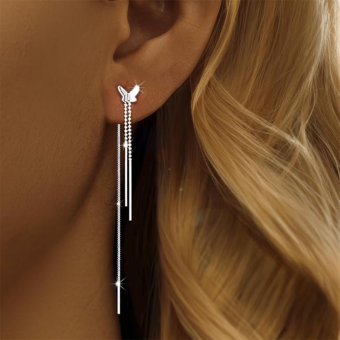 925 Sterling Silver Tassel Chain Dangle Earrings for Women Sparkling Long Fringe Dangle Drop Earrings Bling Line Minimalist Wedding Studs Earring Jewelry Birthday Christmas Gifts for Her