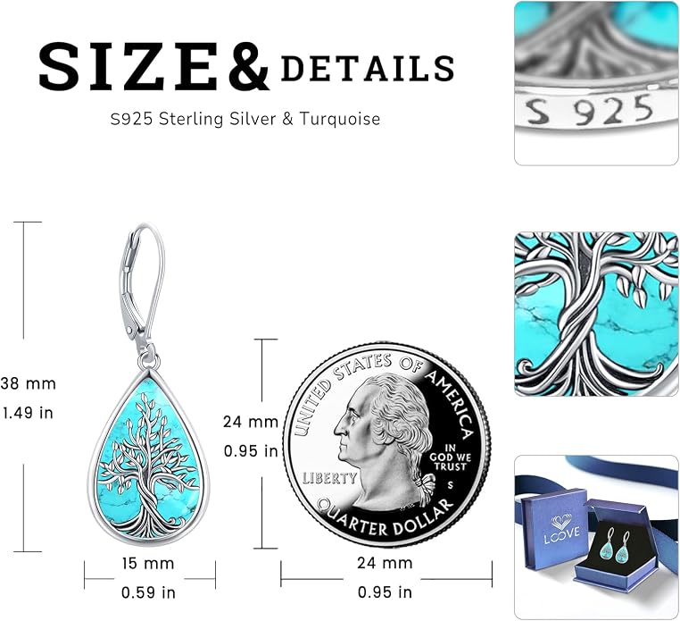 Dangle Earrings Sterling Silver Moonstone/Turquoise/CZ/Crystal Earrings for Women Tree of Life Animal Filigree Leverback Earrings Jewelry Gifts