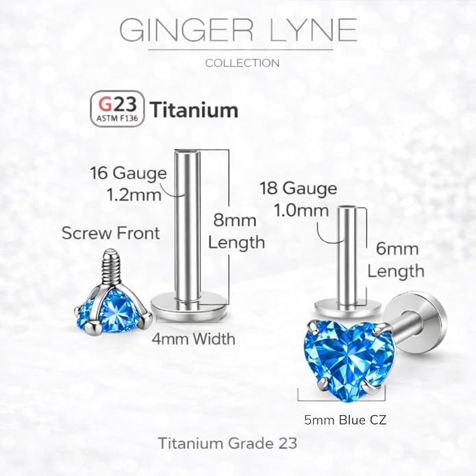 Titanium Heart CZ Labret Stud Earrings for Piercings by Ginger Lyne 6Pc Set G23 Screw Front Flat Back Body Jewelry 2 pair post 6mm, 8mm Cartilage, Helix, Tragus, Lip, Conch, Lobe