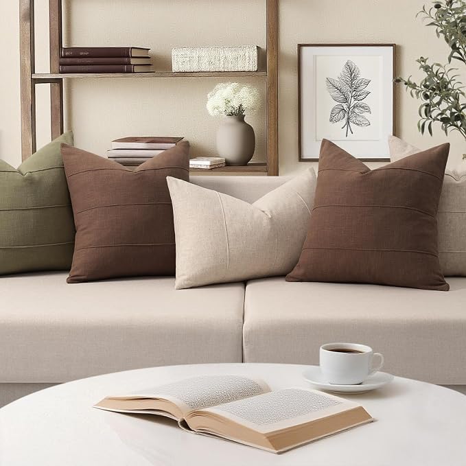 ZWJD Decorative Linen Throw Pillow Covers 26x26 Set of 2 Solid Handcrafted Striped Cushion Covers for Bed Soft Modern Farmhouse Neutral Pillowcase for Couch Bedroom Living Room Home Decor(Brown)