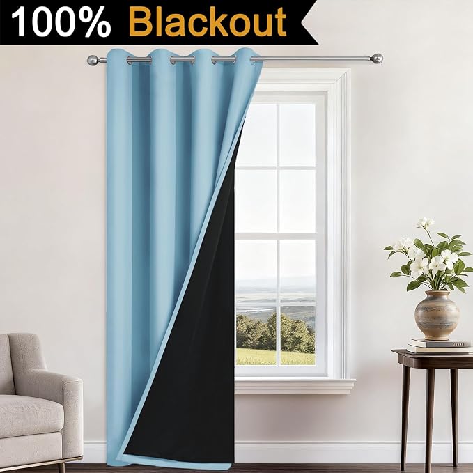 Yakamok Sky Blue 100% Blackout Curtains 84 Inches Long 52" Wide 1 Panel | Blackout Curtain Panels for Bedroom, 2 Thick Layers Grommet Top Thermal Insulated Drapes with Black Liner for Living Room