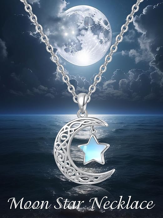 Dreamboat Sterling Silver Moon and Star Necklace Silver Crescent Moon Necklaces for Women Star Pendant Celestial Jewelry Gifts