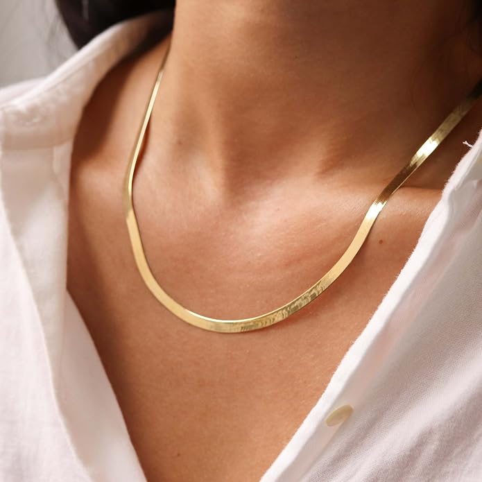 DEARMAY 14K Gold Plated Herringbone Necklaces for Women, Dainty Gold Snake Choker Chain Non Tarnish Trendy Simple Thin & Chunky Options Neckalce 1.5/3/5/6/8mm Chain Jewelry for Gifts