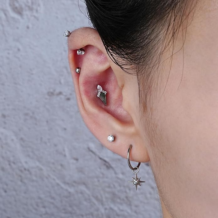 FINE4U ASTM F136 Titanium 16G 6mm 8mm Piercing Jewelry Stud for Conch Helix Flat Lobe - FlatBack Cartilage Earring Stud, Hypoallergenic Implant Grade Nickel Free Body Jewelry