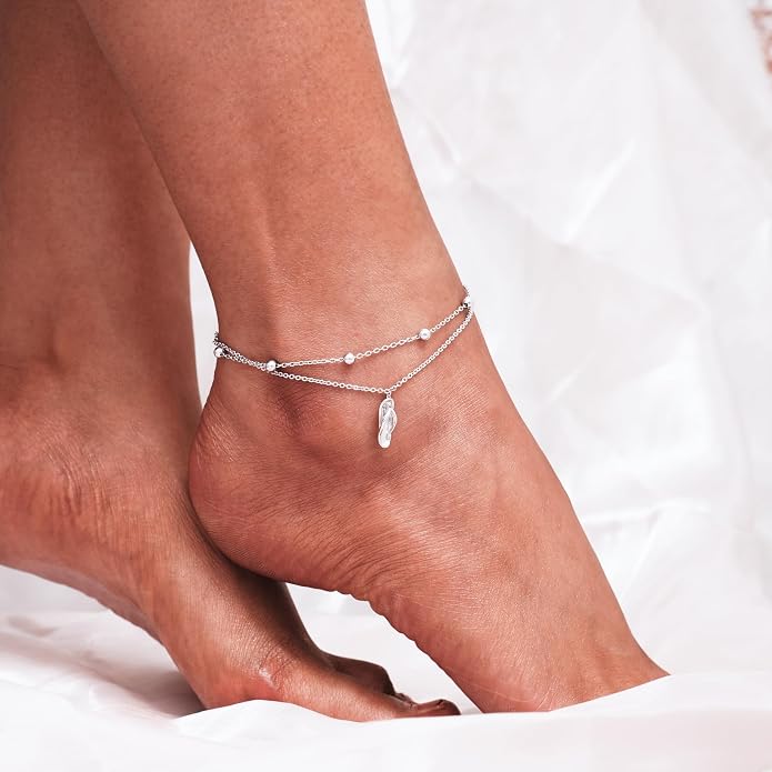 CHIC & ARTSY 925 Sterling Silver Ankle Bracelets for Women, Adjustable Layered Foot Chains with Nature & Symbol Charms, Lightweight Comfort Fit Boho Beach Everyday Jewelry
