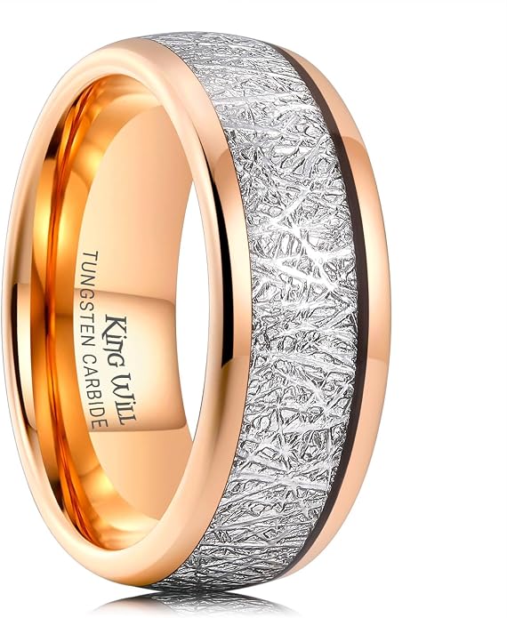 King Will Tungsten Rings for Men Meteorite Carbon Fiber Wood Inlay Mens Wedding Engagement Band Domed Polished
