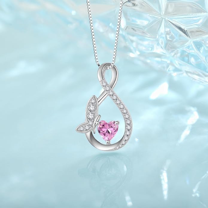 Infinity Butterfly Necklace for Women 925 Sterling Silver Heart Birthstone Created Gemstone Pendant Jewelry Gifts for Women Her