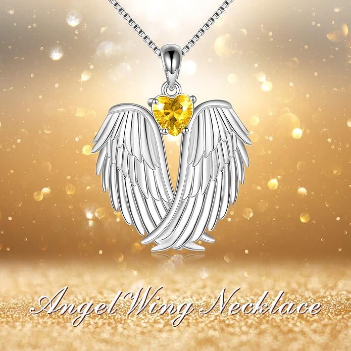 YFN Angel Wings Necklace 925 Sterling Silver Guardian Angel Wings Pendant Necklace Birthstone Necklace for Women Girls Christmas Jewelry Gifts