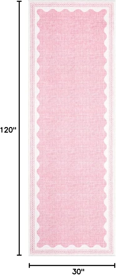 2.5x10 Scalloped Runners Pink Washable Hallways Bedroom Rug | Solid Non Slip Scalloped Bath Runner, Rugs for Bedroom Girls, Rugs for Kitchen Floor Soft Dorm Nursery Carpet for Bedside