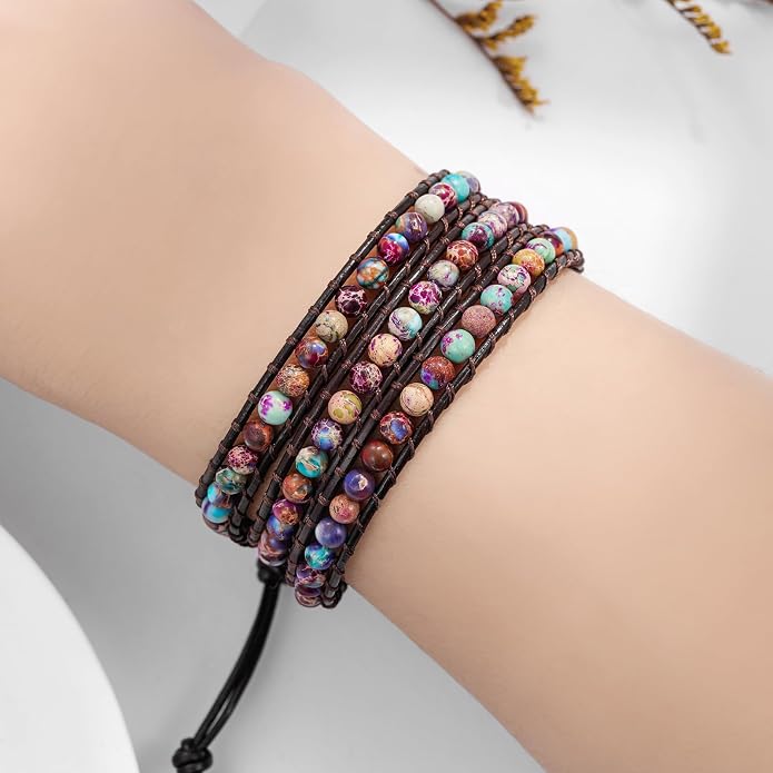 Plumiss Women Boho Handmade Natural Stone Crystal Leather Bead Wrap Bracelets Collection