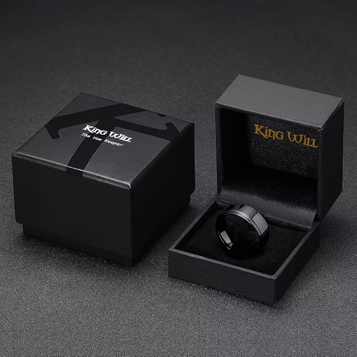 King Will 8mm Black Silver Mens Polished Tungsten Wedding Rings High Polish Surface Wedding Band Blue Silver Step Edge Comfort Fit
