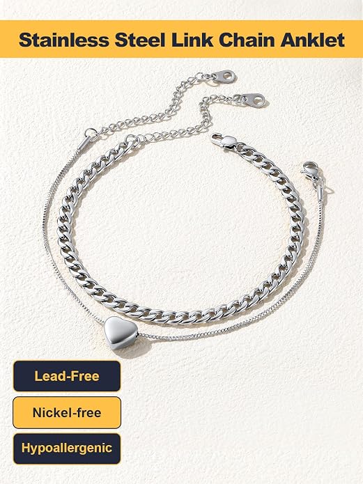 U7 2Pcs/3Pcs Ankle Bracelets for Women, Stainless Steel Cuban Link/Figaro/Rope/Heart Chain Anklets Sets,Waterproof Layered Anklets Adjustable 8.5"-10.5"