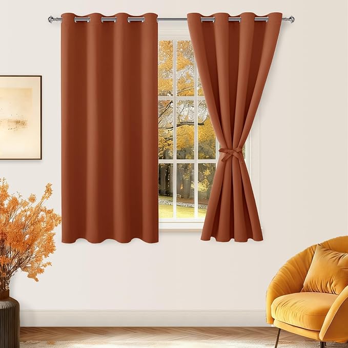 Hiasan Fall Blackout Curtains for Bedroom - Thermal Insulated & Energy Saving Window Curtains for Living Room/Kids Room Home Decor, 2 Drape Panels Sewn with Tiebacks, Burnt Ochre, 52 x 54 Inch