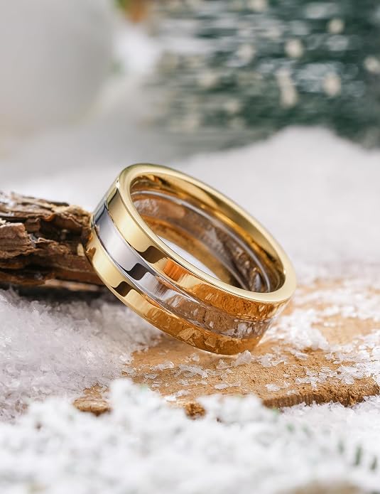 King Will 316L Stainless Steel Men's Wedding Band – 6/8 mm Dual-Tone Wedding Ring Polished Finish with Gold/Black Steel Plating, Fashionable and Durable Stainless Steel Men's Ring Size 7-14