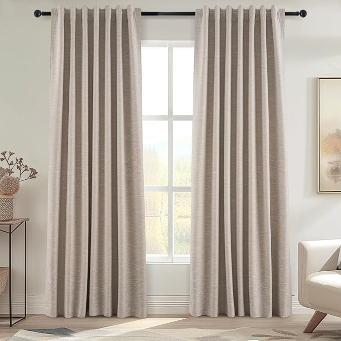 Extra Long Linen Blackout Curtains 132 Inches Long for Bedroom Farmhouse High Ceiling Mount Track Tall Curtain with Hooks Drapes for Sliding Glass Patio Doors 11ft 100% Black Out (W52 xL132 2Panels)