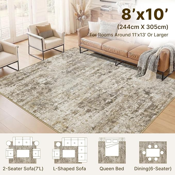 8x10 Area Rugs Washable Living Room Rug-No Slip Soft Carpets Modern Abstract Indoor Floor Stain Resistant Large Carpet for Bedroom Dining Room Farmhouse Nursery Home Office Brown