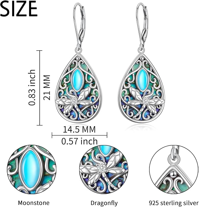 Dragonfly Filigree Earrings 925 Sterling Silver Created Abalone Shell Moonstone Teardrop Dangle Jewelry Birthday Mother’s Day Gifts for Women