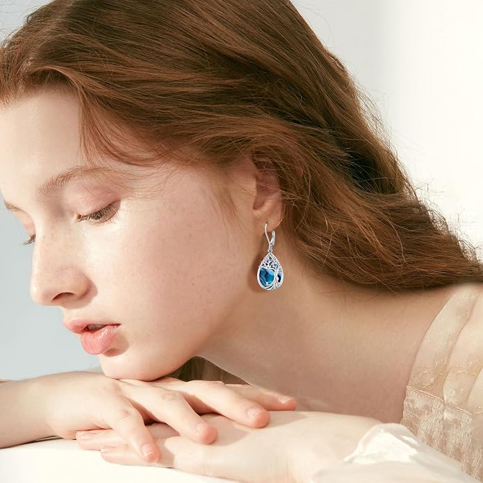 Odinstone 925 Sterling Silver Earrings Tree of Life Teardrop Moonstone Dangle Drop Leverback Earrings for Women