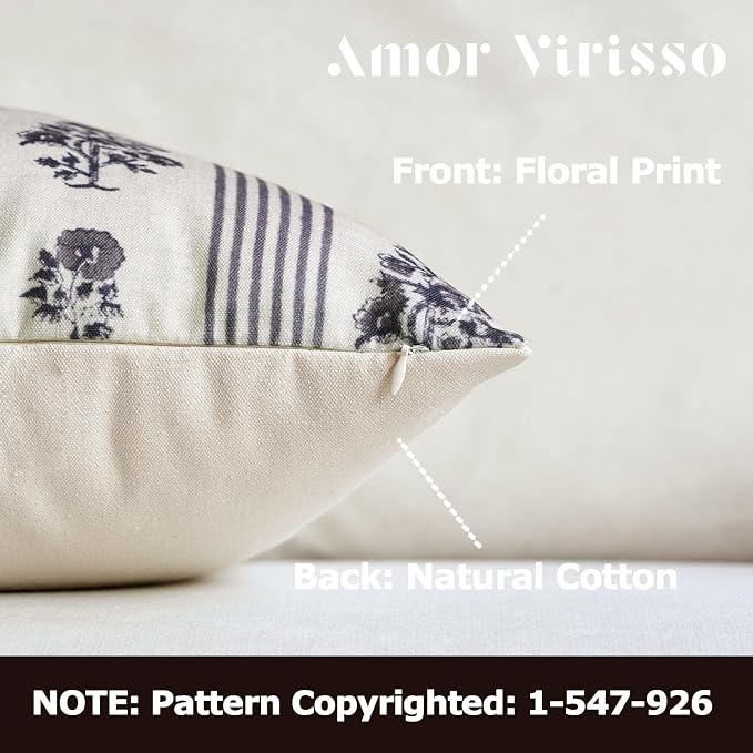 Amor Virisso Floral Throw Pillow Covers 20x20 Set of 2 Block Print Pillow Covers Neutral Floral Striped Farmhouse Decorative Pillow Covers for Sofa Couch Bed, Light Taupe