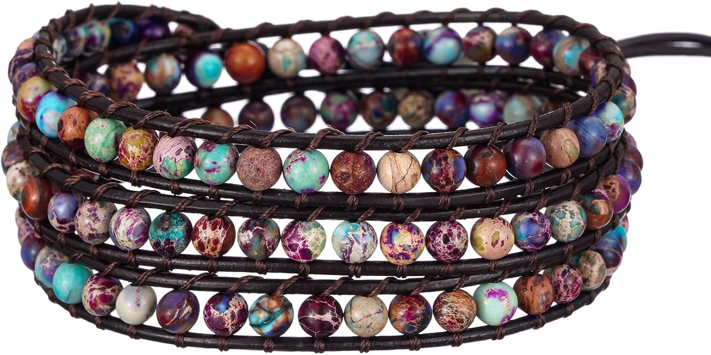 Plumiss Women Boho Handmade Natural Stone Crystal Leather Bead Wrap Bracelets Collection