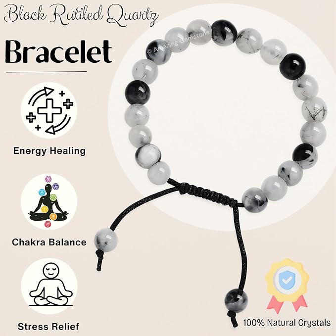 Amazing Gemstone Black Rutilated Quartz Bracelet for Women Men's Gifts - Protection Healing Crystal Bracelet - 8mm Gemstone Beaded Adjustable Bracelet Pulseras para Hombres Mujer Stocking Stuffers