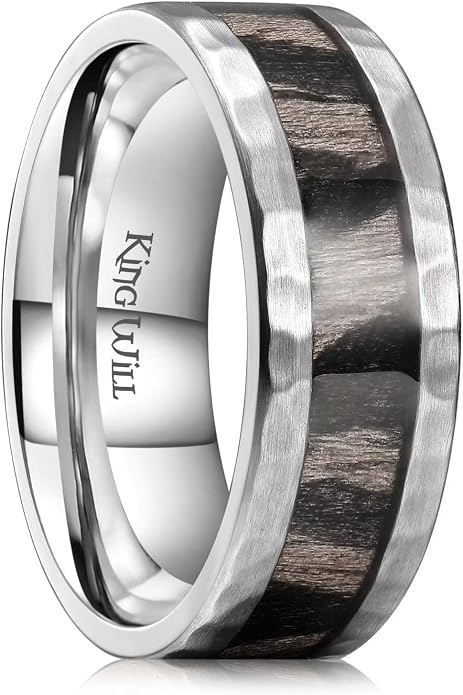 King Will 8mm Silver Hammered Titanium Ring Center Inlaid Wood Wedding Band for Men Hammered Wood Titanium Rings Polish Comfort Fit