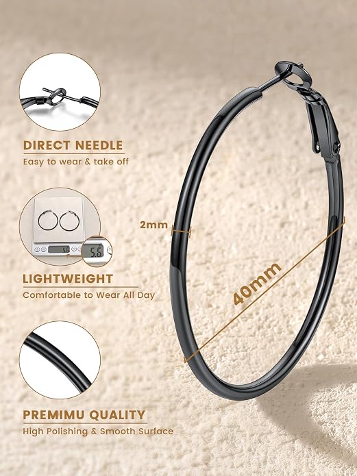 KeyStyle Gold Hoop Earrings for Women, Stainless Steel Hoops Earring Lightweight Loops, 2 mm Thick Hypoallergenic Circle Endless Thin Hoop (20/30/40/50/60/70/80/90/mm)