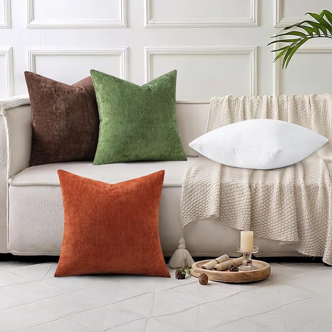 decorUhome Soft Chenille Olive Green Throw Pillow Covers 18X18 Set of 2 | Decorative Fall Couch Pillow Covers Solid Dyed Accent Modern Farmhouse Neutral Square Pillow Cases for Sofa