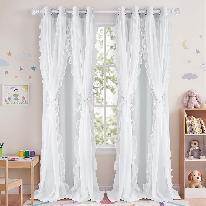 PONY DANCE 100% Blackout Curtains for Girl's Bedroom, Double Layer Grommet Curtain 84 inch Long with Sheer Overlay for Living Room, Nursery Kids Toddler Room Decor, White, 52" W x 84" L, 2 Panels